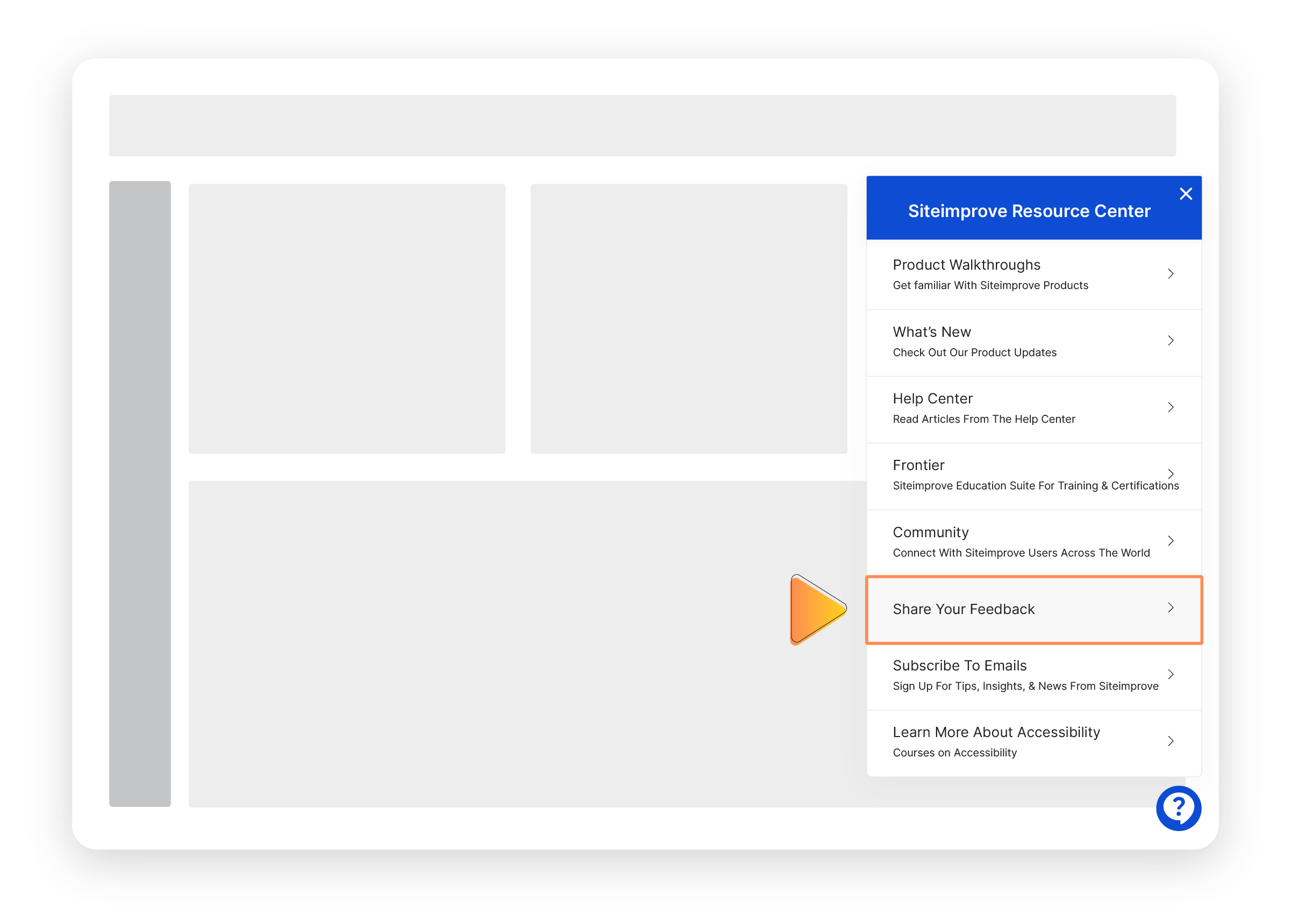 A simplified view of Siteimprove UI with the 'Share Your Feedback' AI tool highlighted