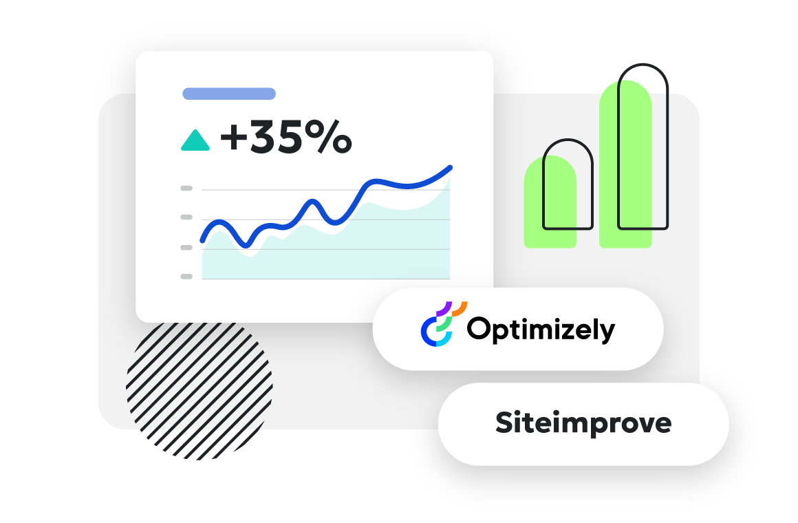 Line graph showing a 35% increase in performance, and Optimizely and Siteimprove logo.