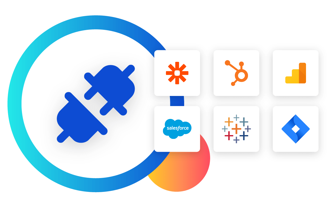 Illustration of plug icon and a series of logos, indicating that Siteimprove can work together with different software programs such as Salesforce, Hubspot, Google Analytics, Atlassian Jira, Tableau, and more.