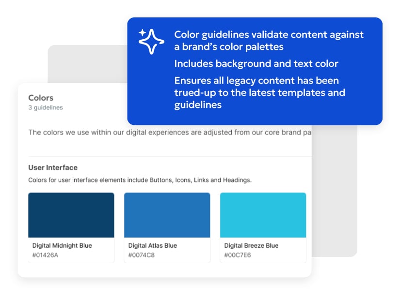 A color guidelines interface with a blue tooltip explaining validation for background and text colors, ensuring content follows brand color palettes.