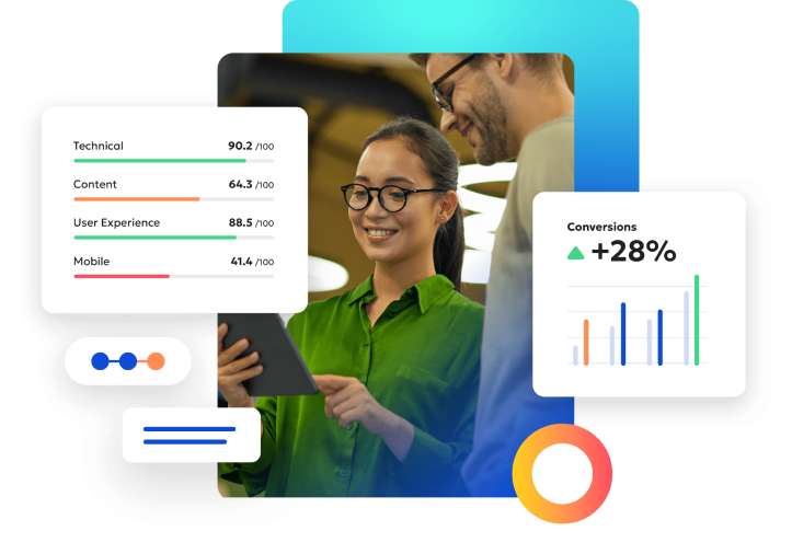 Two professionals discussing a website performance report displayed on a tablet, showing metrics for technical, content, user experience, and mobile with scores, alongside a chart indicating a 28% increase in conversions.