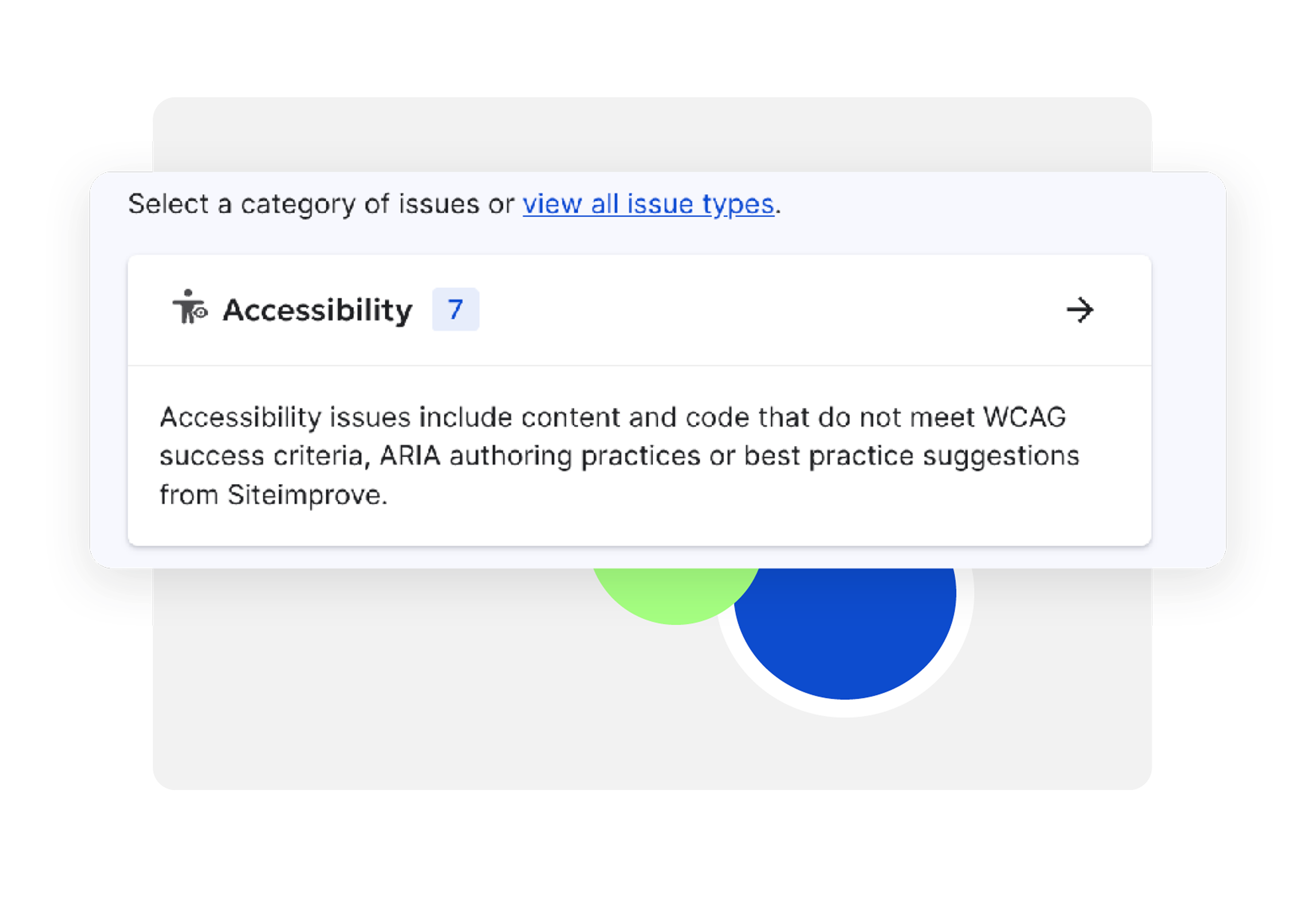 Screenshot of Siteimprove's accessibility report highlighting seven issues. It includes WCAG violations, ARIA authoring concerns, and best practice recommendations.