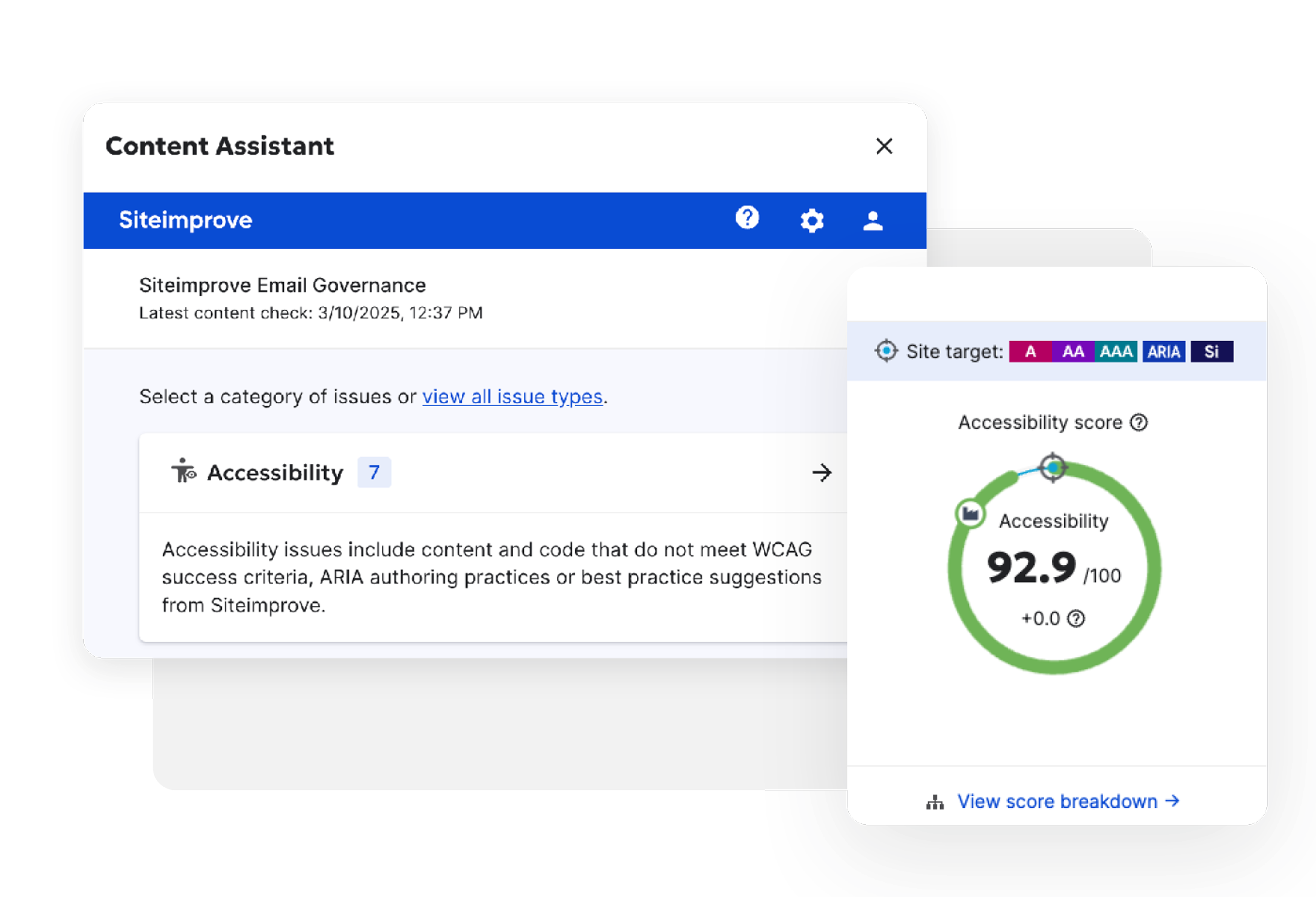 Screenshot of Siteimprove's Content Assistant displaying accessibility issues and a WCAG compliance score of 92.9. It highlights seven accessibility issues related to ARIA and best practices.