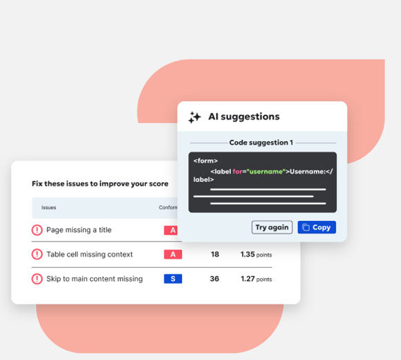 Graphic showing a list of accessibility issues and an AI-generated HTML code suggestion to fix them, including a missing page title, table cell context, and skip link.