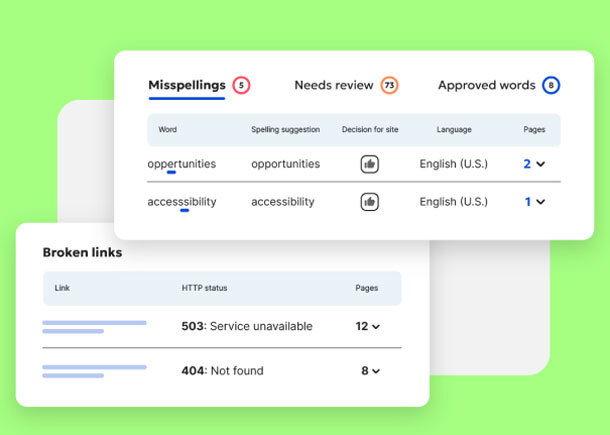 Graphic showing website content issues including misspellings like 'oppertunities' and 'accesssibility', along with broken links displaying 503 and 404 HTTP errors across multiple pages.