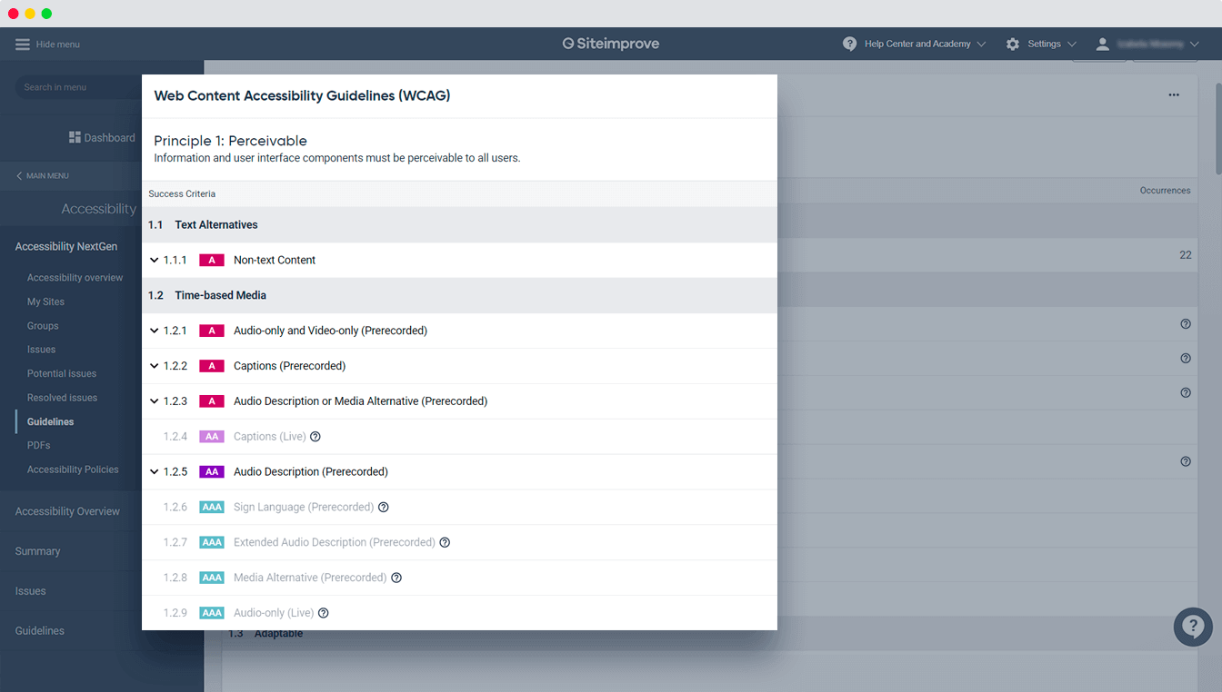 Screenshot of different Accessibility checks, sorted by conformance level