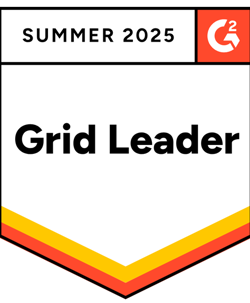 Award badge shaped like a shield with the 'Summer 2025' and the 'G2' logo at the top, and a banner across the middle stating 'Grid Leader'.