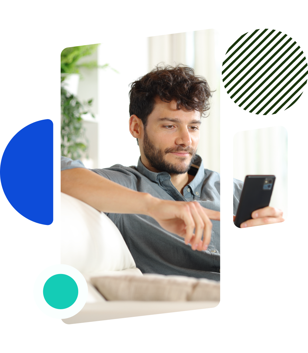 Man on a couch using an Android phone testing an app for mobile accessibility.