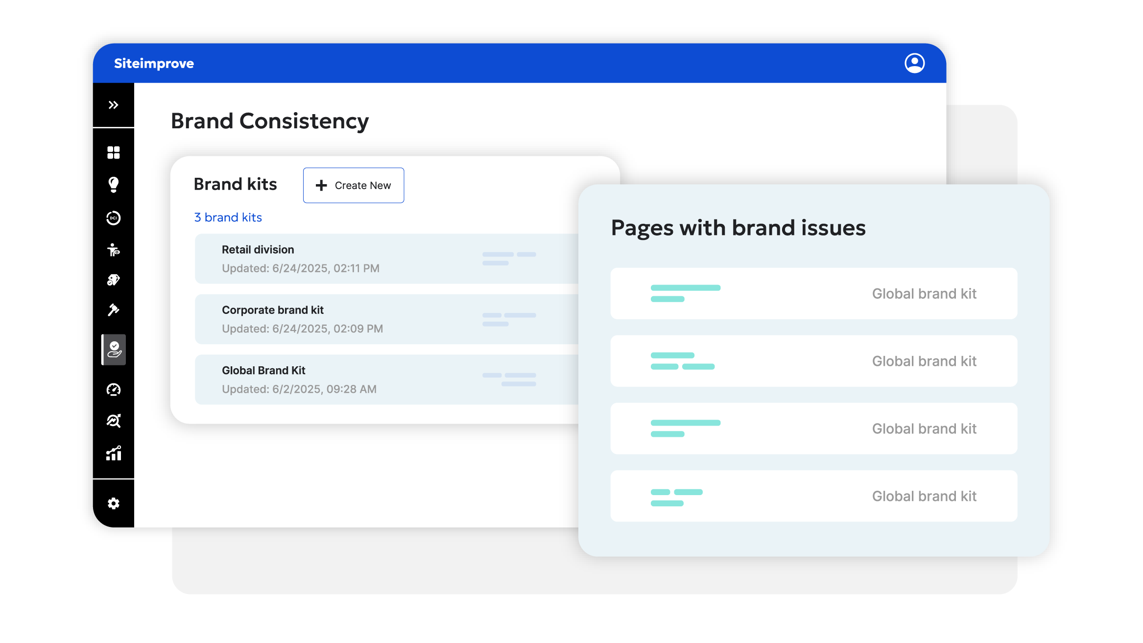 Siteimprove interface showing brand consistency tools with a list of brand kits and associated pages with brand issues for maintaining consistent branding across digital content.