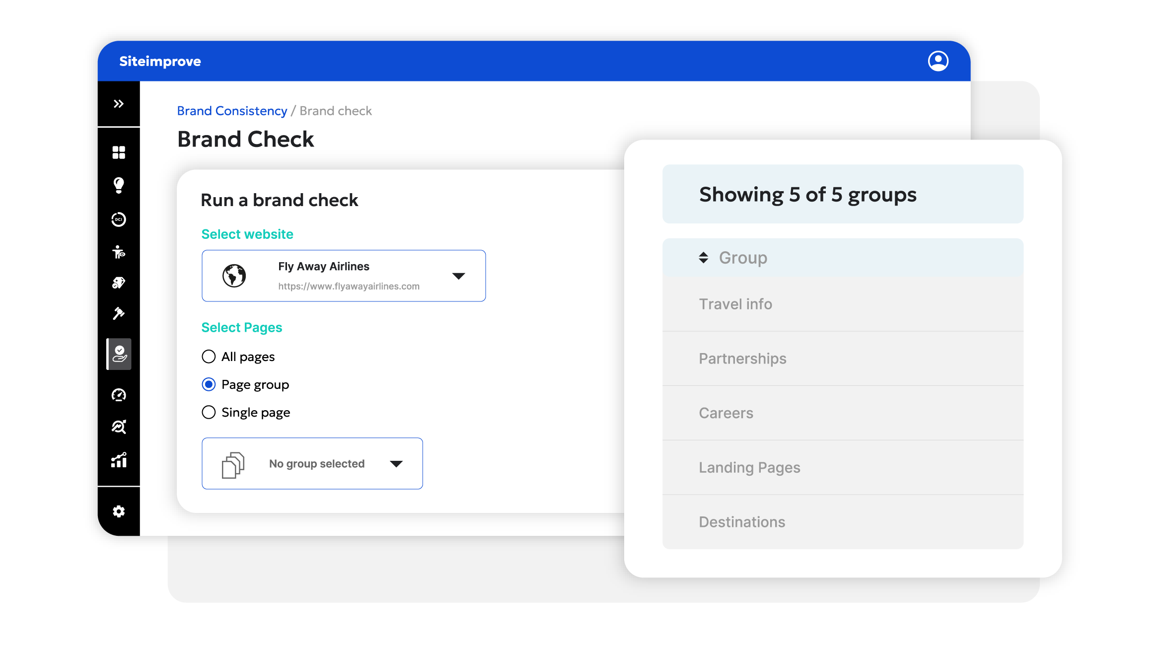 Siteimprove Brand Check interface showing options to select a website and run brand consistency checks across grouped website pages for consistent digital branding.