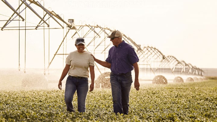 Two people walking through a field.