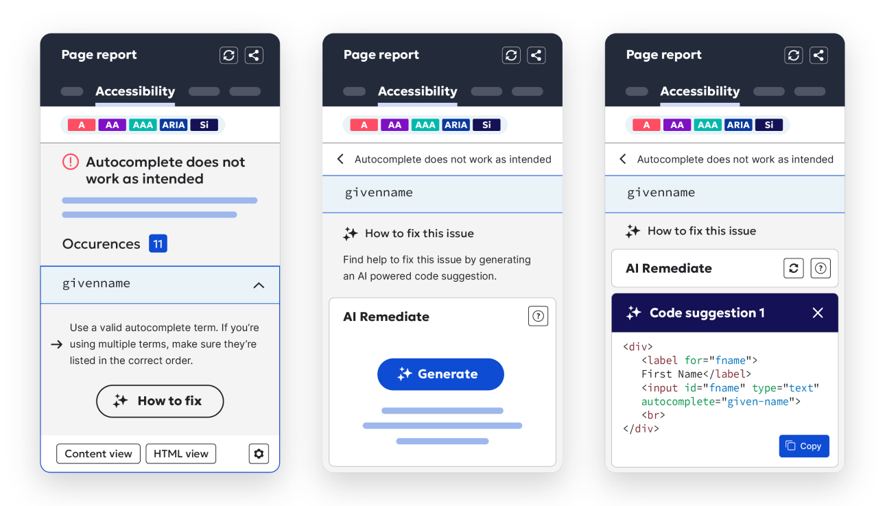 Accessibility page report showing occurances, AI Remediate, and code suggestion.