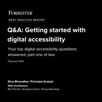 Forrester Best Practice Report titled 'Q&A: Getting started with digital accessibility' featuring top accessibility questions, authored by Gina Bhawalkar with contributors Rick Parrish, Georgiana Swan, and Sharnya Neuburg, dated February 2025.